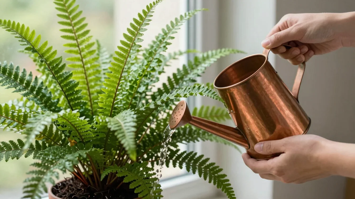 Close-up of hands gently watering a potted fern with a copper wat