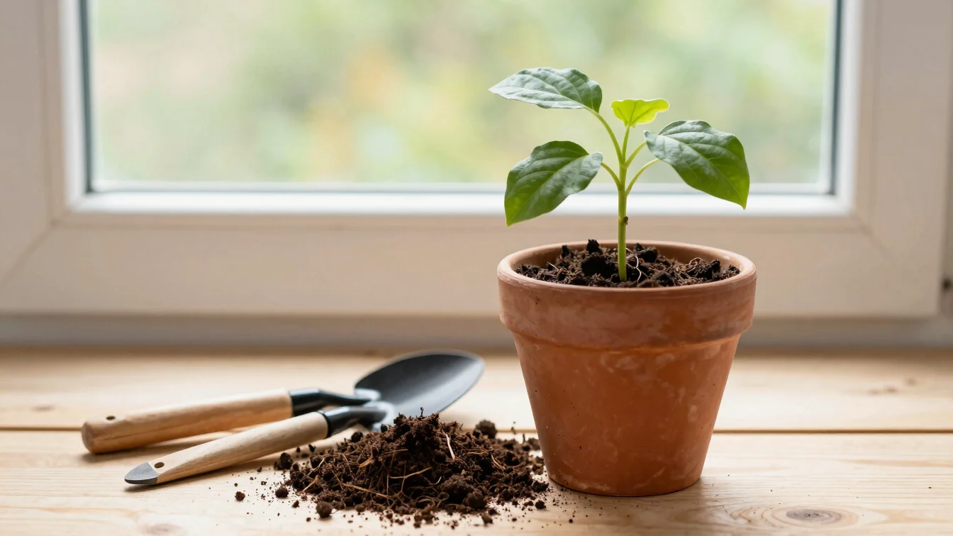 Potting tools and fresh organic soil beside a terracotta pot and
