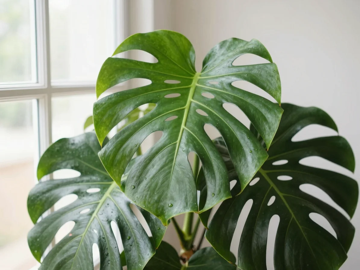 A vibrant Monstera Deliciosa plant with large, glossy split leave