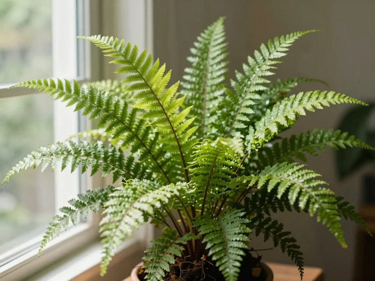 Close-up of the delicate, bright green fronds of a Boston Fern, l