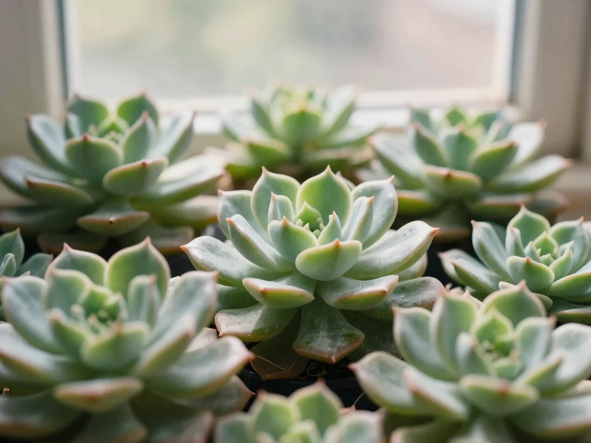 A cluster of colorful Echeveria succulents with thick, fleshy lea