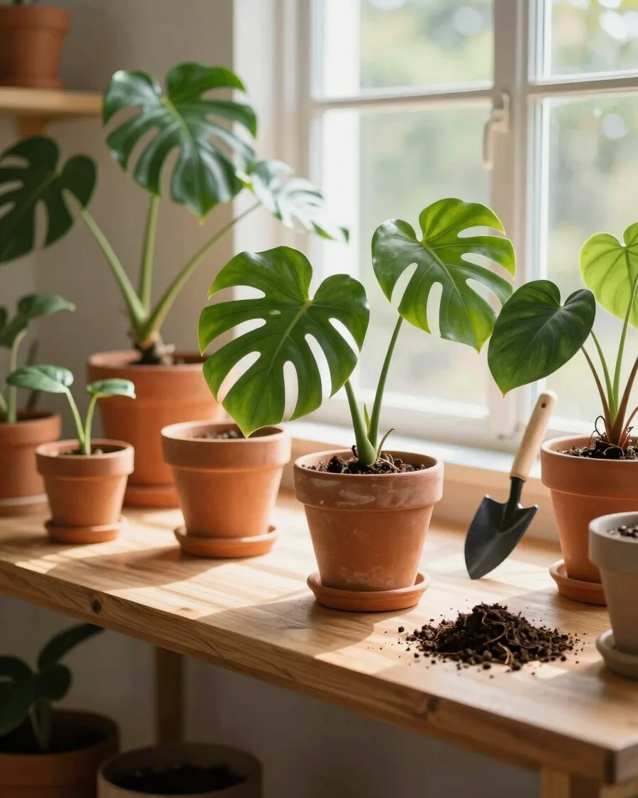Warm sunlit potting studio table with wooden shelving, potted terracotta monsteras, organic soil trowel, and soft natura