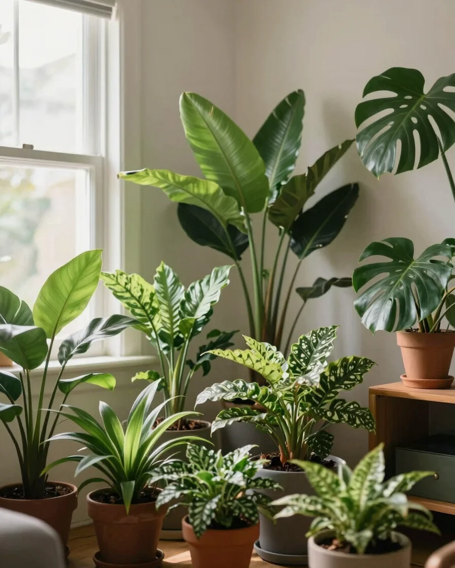 Wide shot of a sunlit living room corner with a thriving collecti